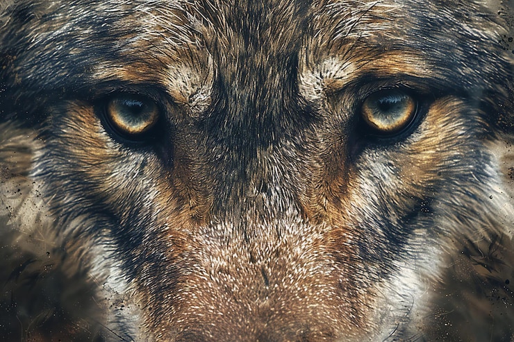 Foto um lobo com um nariz castanho e uma mancha preta e branca em seu rosto