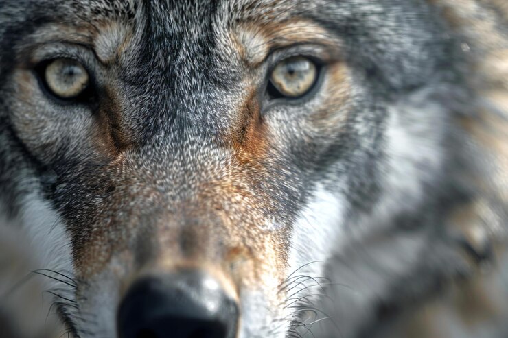 Foto um lobo com um nariz preto e um olho amarelo