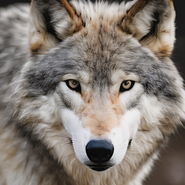 um lobo com um nariz preto e um rosto branco e um nariz negro