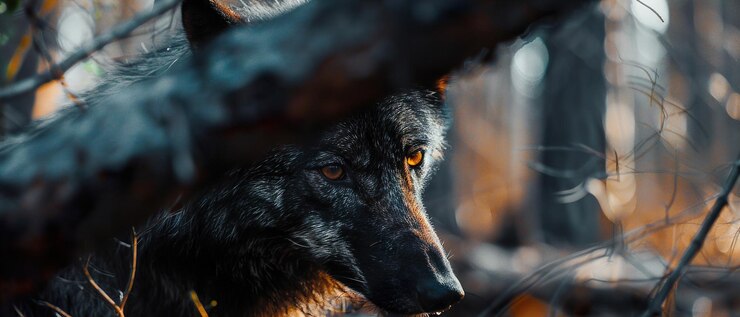 Foto um lobo com um rosto preto e olhos amarelos