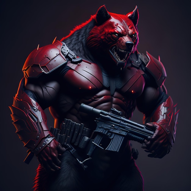 Um lobo com uma arma está segurando uma arma nas mãos.