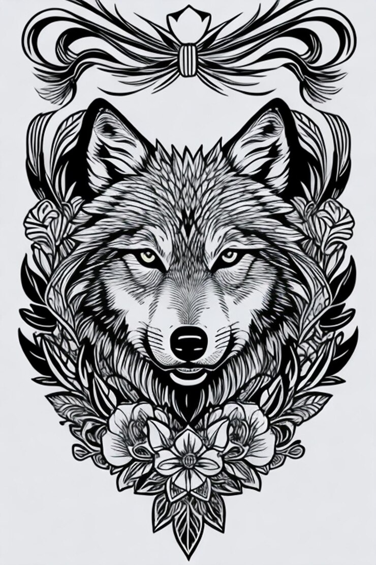 Foto um lobo com uma cabeça de lobo e flores ao fundo