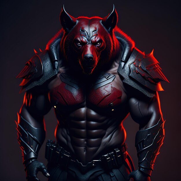 Um lobo com uma camisa vermelha e calça preta está na frente de um fundo escuro.