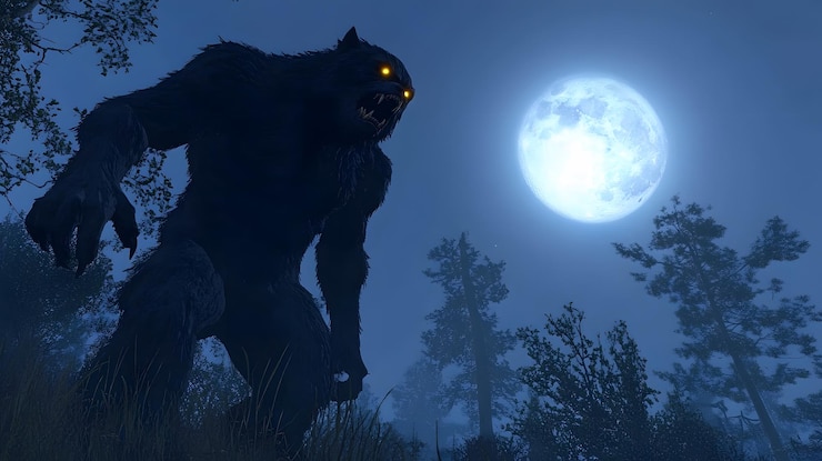 Foto um lobo com uma lua cheia ao fundo