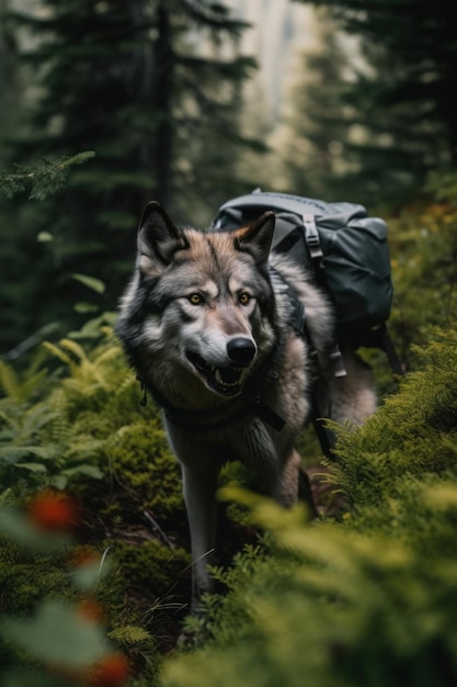 Um lobo com uma mochila caminhando por uma imagem ai generativa da floresta