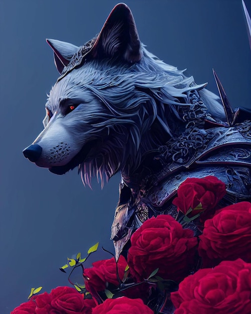 Um lobo com uma rosa vermelha na cabeça