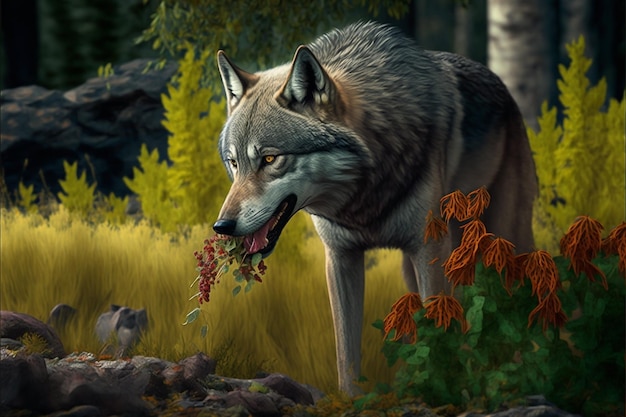 Um lobo comendo bagas em uma floresta