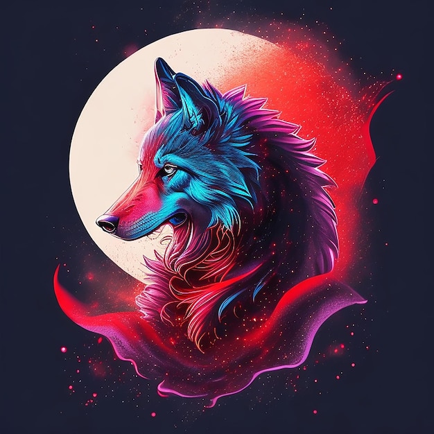 Um lobo de cabeça azul e uma lua vermelha ao fundo