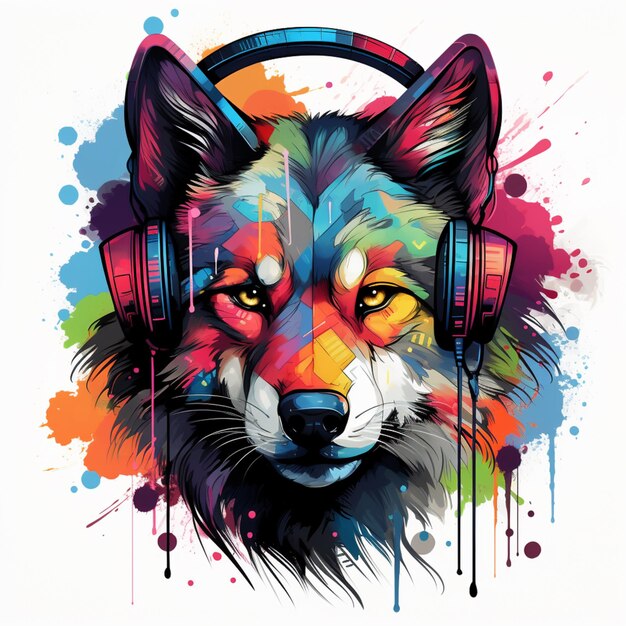 um lobo de cores brilhantes com fones de ouvido e um salto de tinta generativa ai