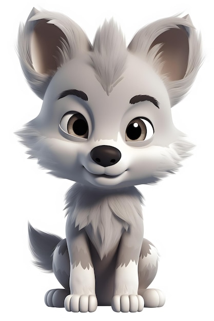 Um lobo de desenho animado com rosto branco e olhos negros se senta sobre um fundo branco