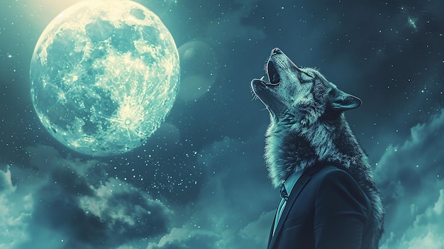 Um lobo de fato de negócios uivando estratégias de sucesso na lua em um surrealista