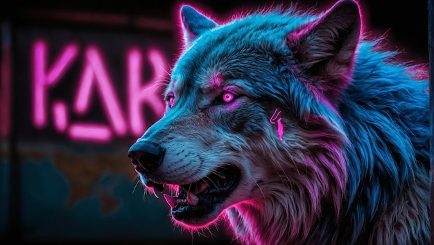 Um lobo de néon azul e rosa a rosnar.