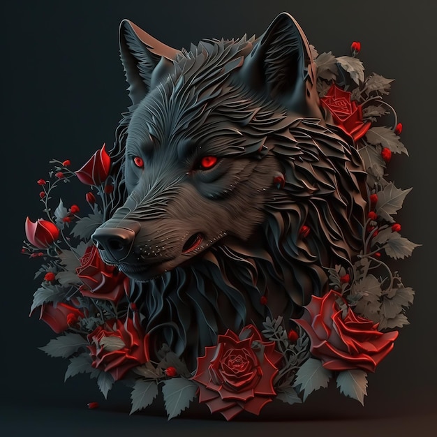 Um lobo de olhos vermelhos e cabeça preta está rodeado de rosas.