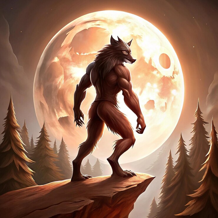 Foto um lobo de pé em uma rocha na frente de árvores com a lua atrás dele