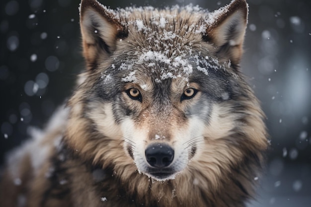 Um lobo de perto nevando em seus rostos olhos bonitos
