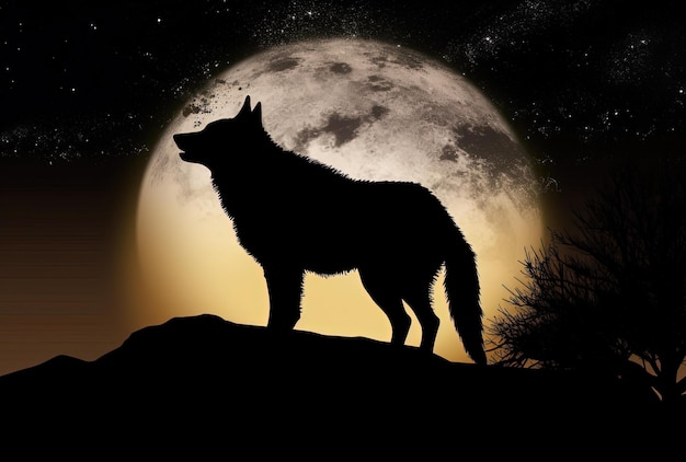 Um lobo em silhueta contra uma lua cheia