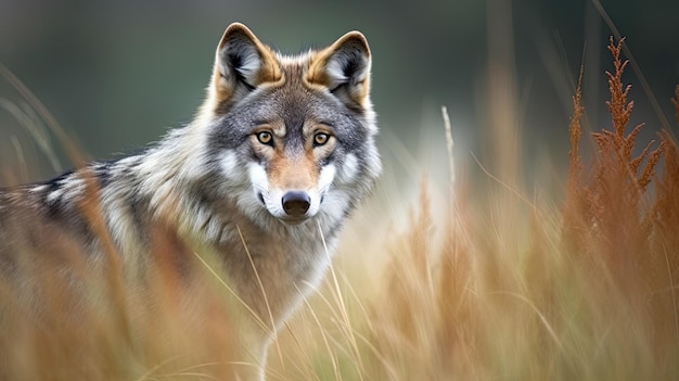 Um lobo em um campo de grama alta