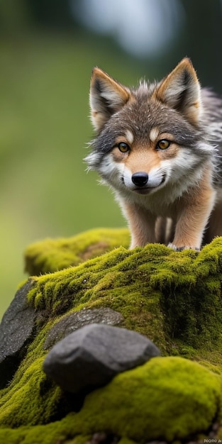 Um lobo em uma rocha musgosa