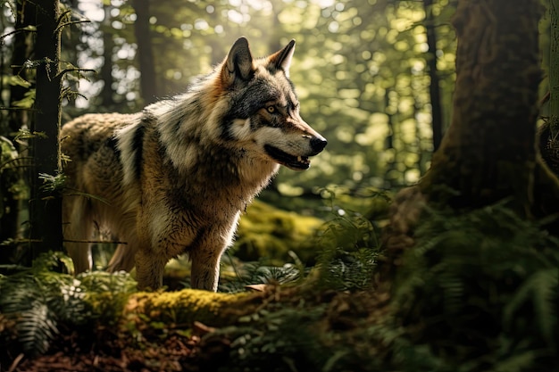 Foto um lobo está caçando na floresta