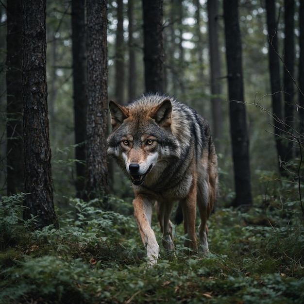 Foto um lobo está caminhando pela floresta na floresta