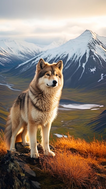 um lobo está de pé na frente de uma montanha com neve ao fundo