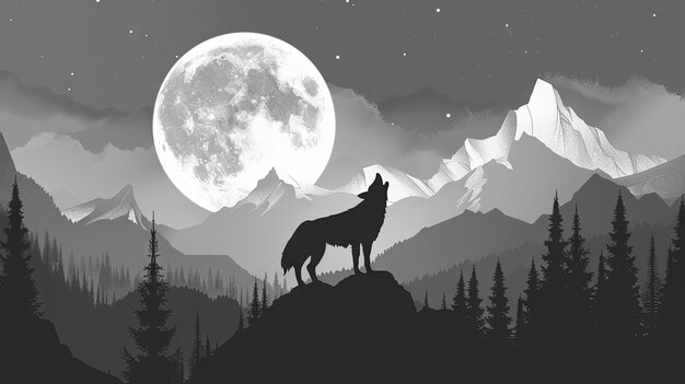Um lobo majestoso a uivar sob a lua cheia no deserto da montanha.