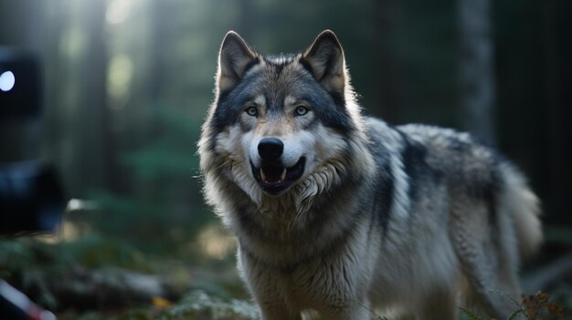 Um lobo maravilhoso numa floresta