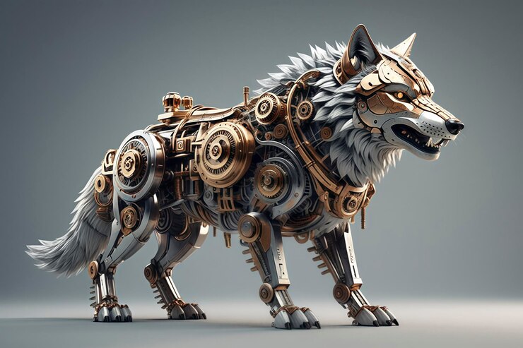 Foto um lobo mecânico de pé alto retrato de corpo completo papel de parede 3d renderização