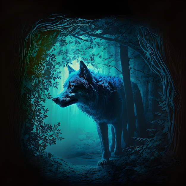 Um lobo na floresta com um fundo azul