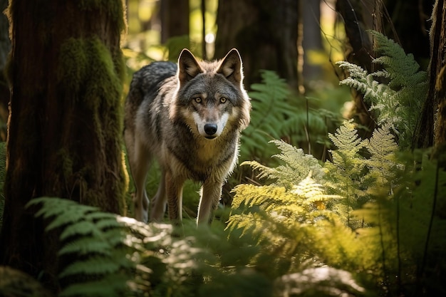 Um lobo na floresta na floresta