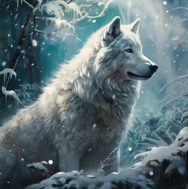 um lobo na neve com um fundo nevado.