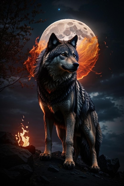 Foto um lobo negro fica sob a lua em chamas