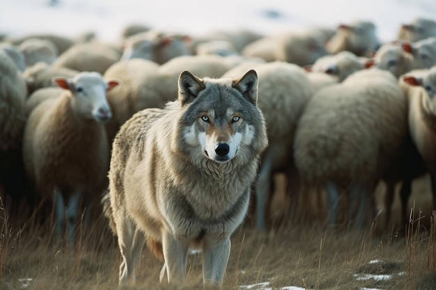 Um lobo parado na frente de um rebanho de ovelhas IA generativa