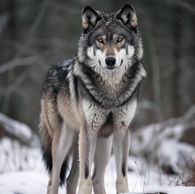 Um lobo parado na neve com neve no chão.