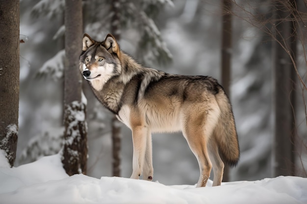 Um lobo parado na neve