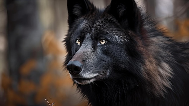 Um lobo preto com olhos azuis olha para a câmera.