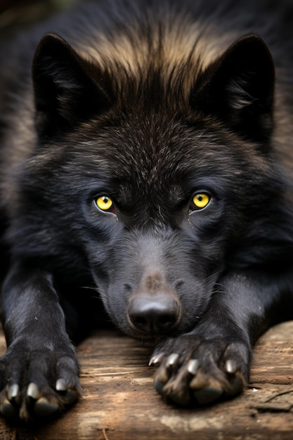 um lobo preto deitado em um tronco com olhos amarelos