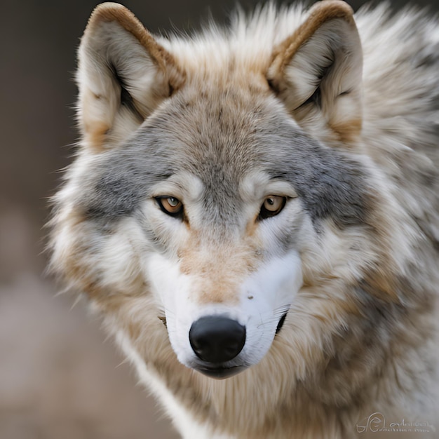 um lobo que tem um rosto branco e olhos castanhos