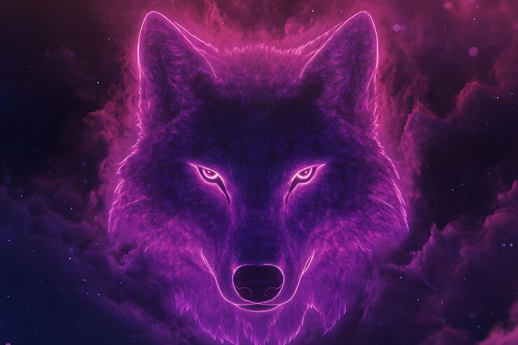 Foto um lobo roxo com olhos roxos e um fundo roxo