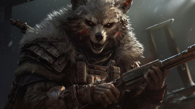 Um lobo segurando uma arma na frente de um papel de parede