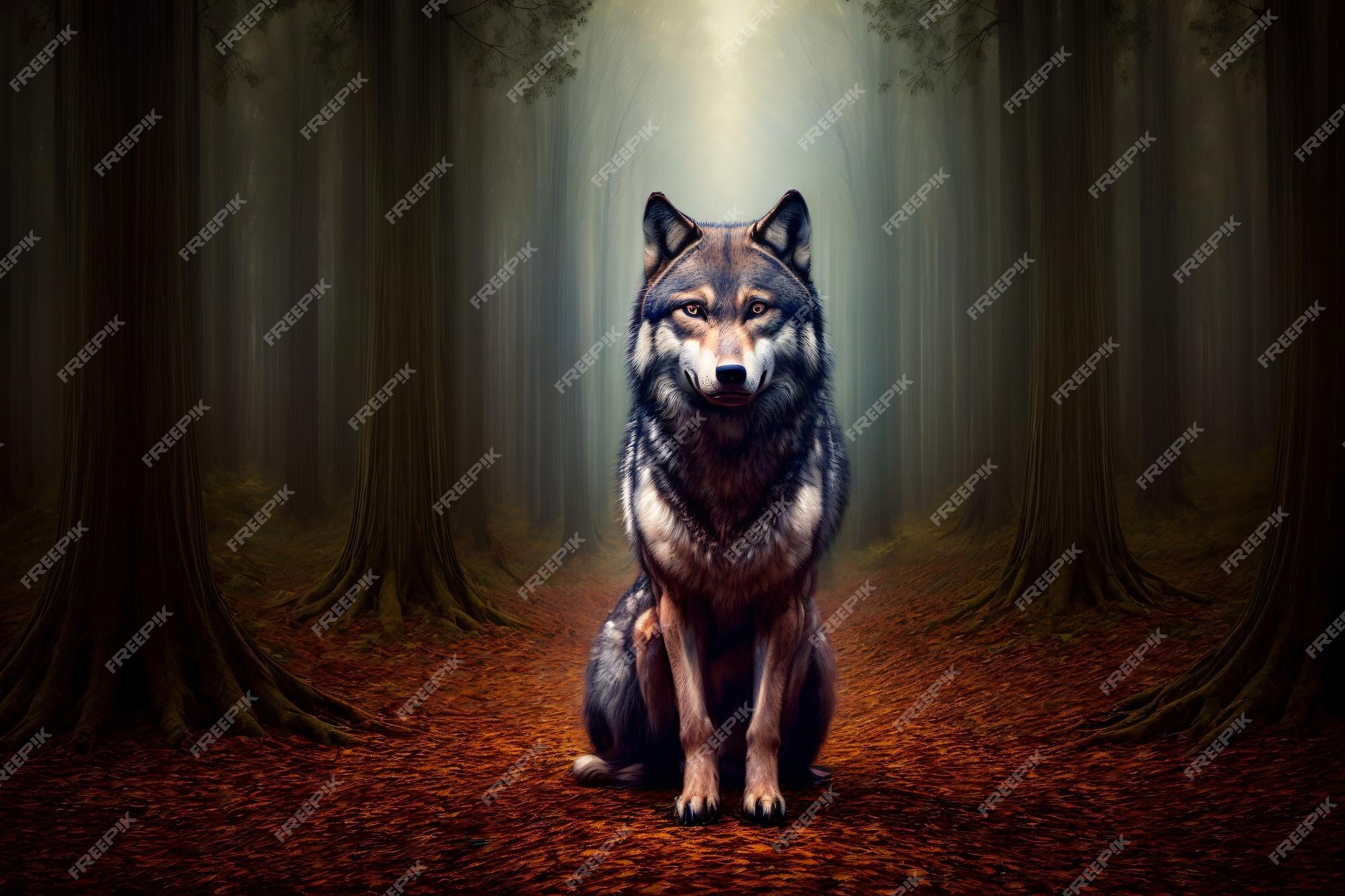 Fundo Lobo De Anime Escuro Sentado Em Uma Floresta Em Uma Capa De