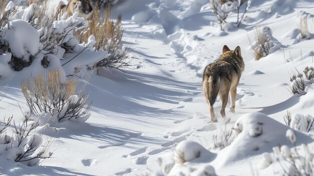 Foto um lobo solitário caminha pela neve no deserto as suas pegadas são o único sinal de movimento na paisagem prístina