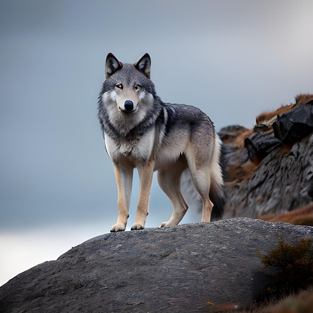 Foto um lobo solitário com olhos penetrantes no topo de uma colina rochosa