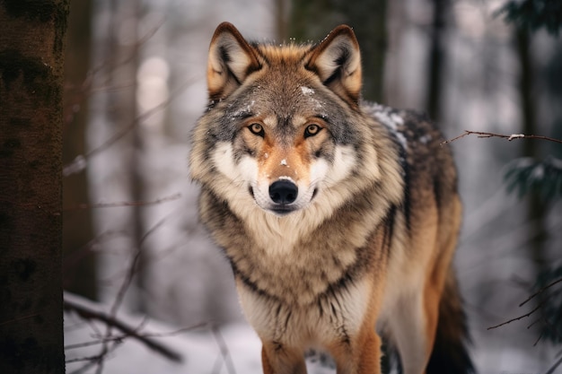 Um lobo solitário de pé numa floresta coberta de neve.