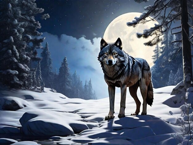 Um lobo solitário numa noite de neve.