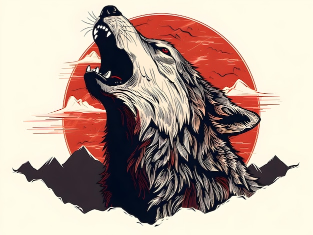 Um lobo tribal a uivar para a lua. Desenho de camiseta isolado em fundo branco.