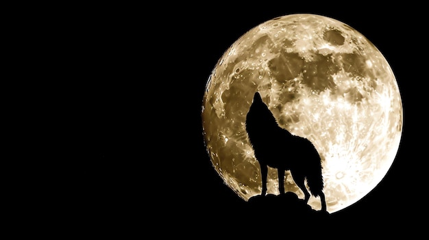 Foto um lobo uiva para a lua o lobo está em silhueta e a lua está cheia o fundo é um céu noturno escuro