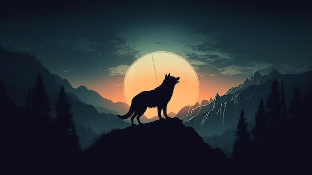 Um lobo uivando para a lua no céu noturno