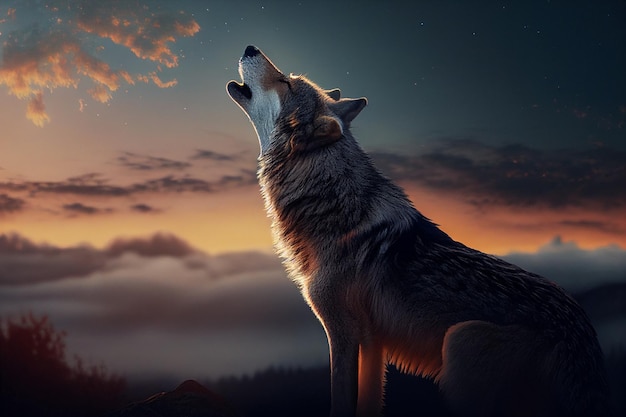 Um lobo uivando para a lua no céu