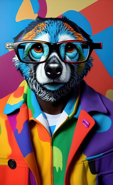 Um lobo usando óculos e uma camisa colorida